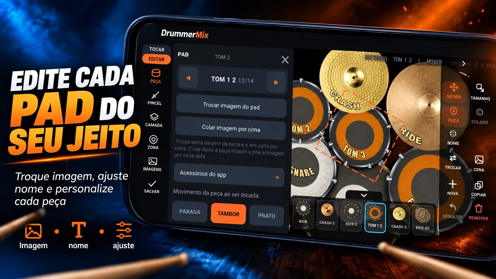 Edite imagens, nomes e ajustes de cada pad no DrummerMix