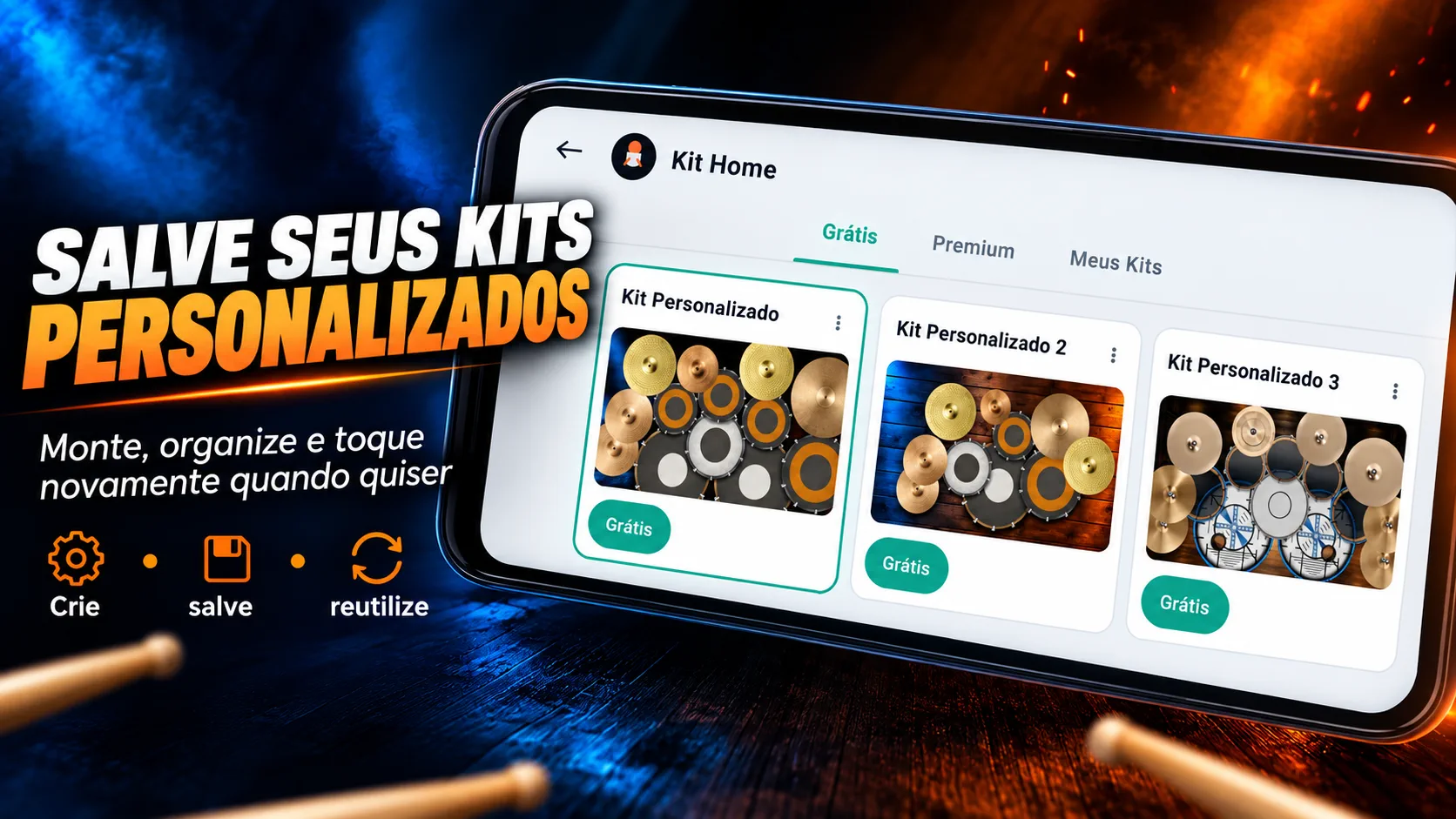 Salve e reutilize seus kits personalizados no DrummerMix