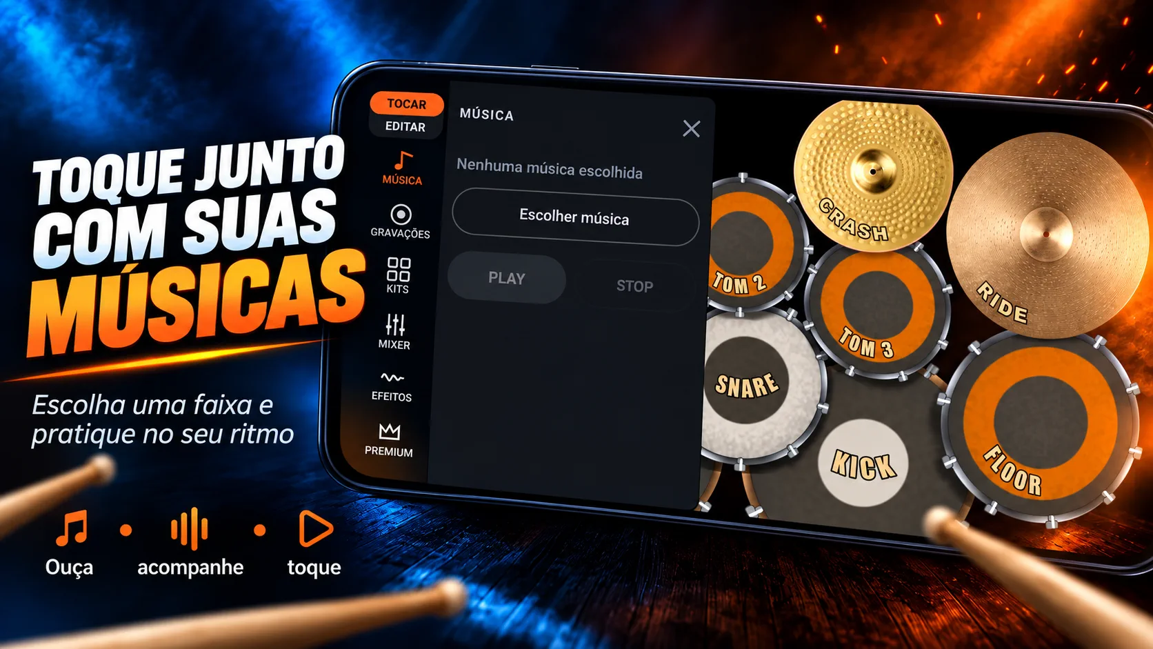 Escolha músicas e toque bateria junto no DrummerMix